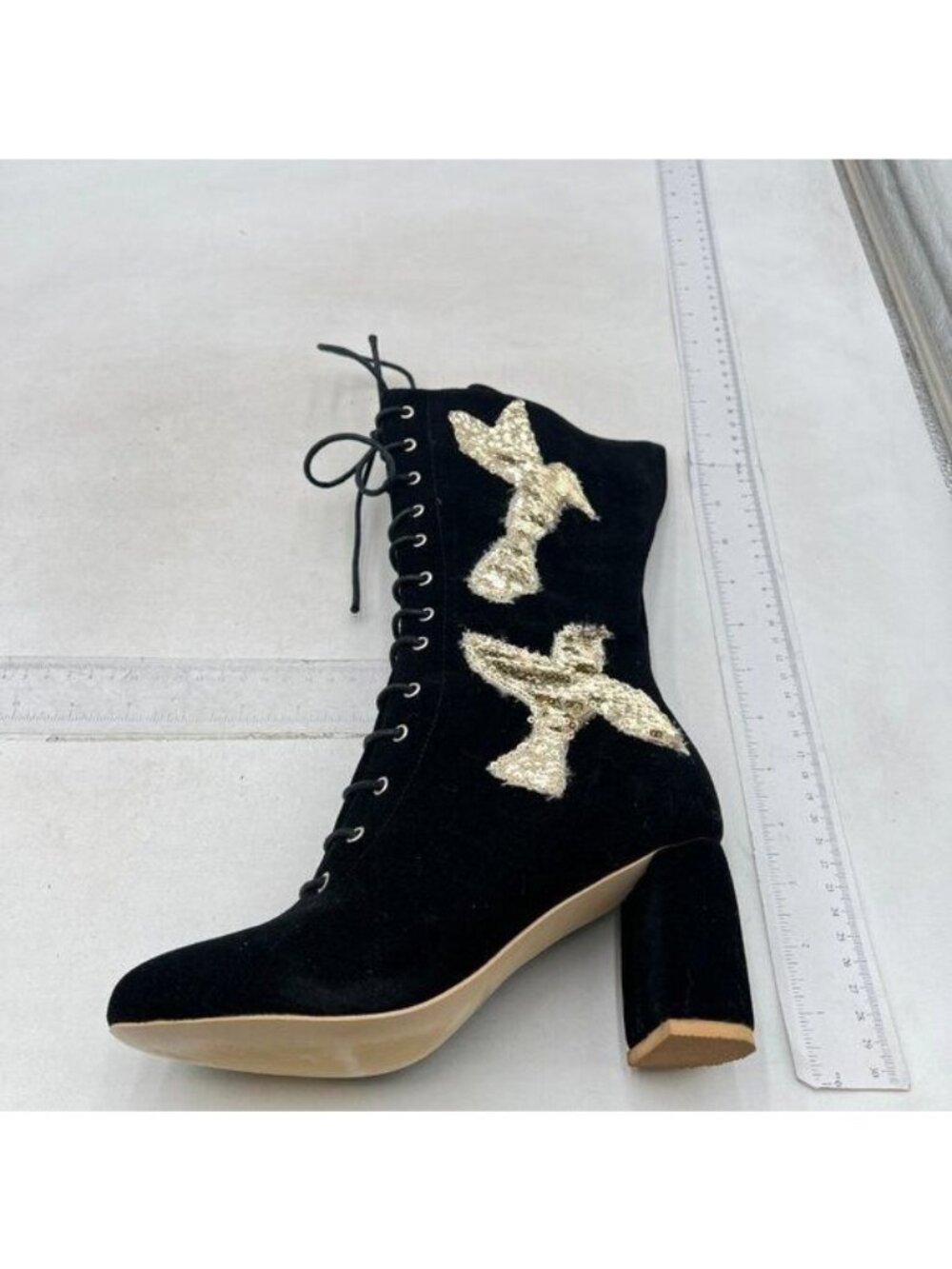 Women's Mid Calf Boots with High Chunky Heel, Embroidered Cowboy Boots ,Black
